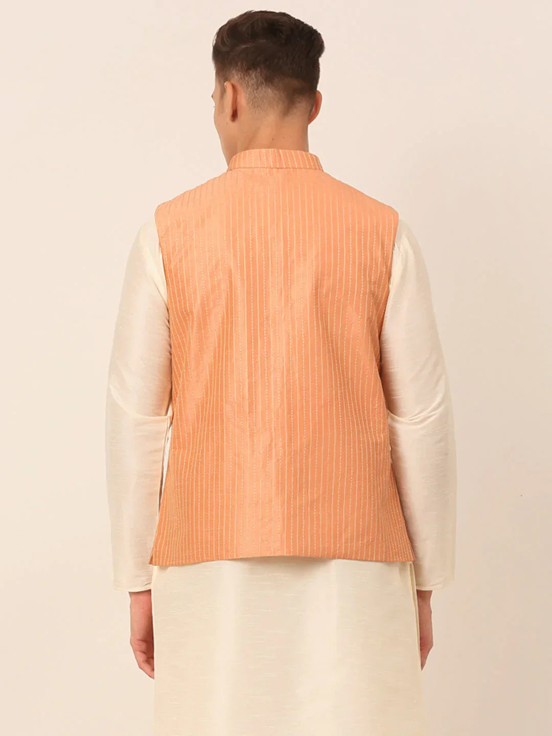 Jompers Men's Peach & Golden Embroidered Nehru Jackets | Grocsy