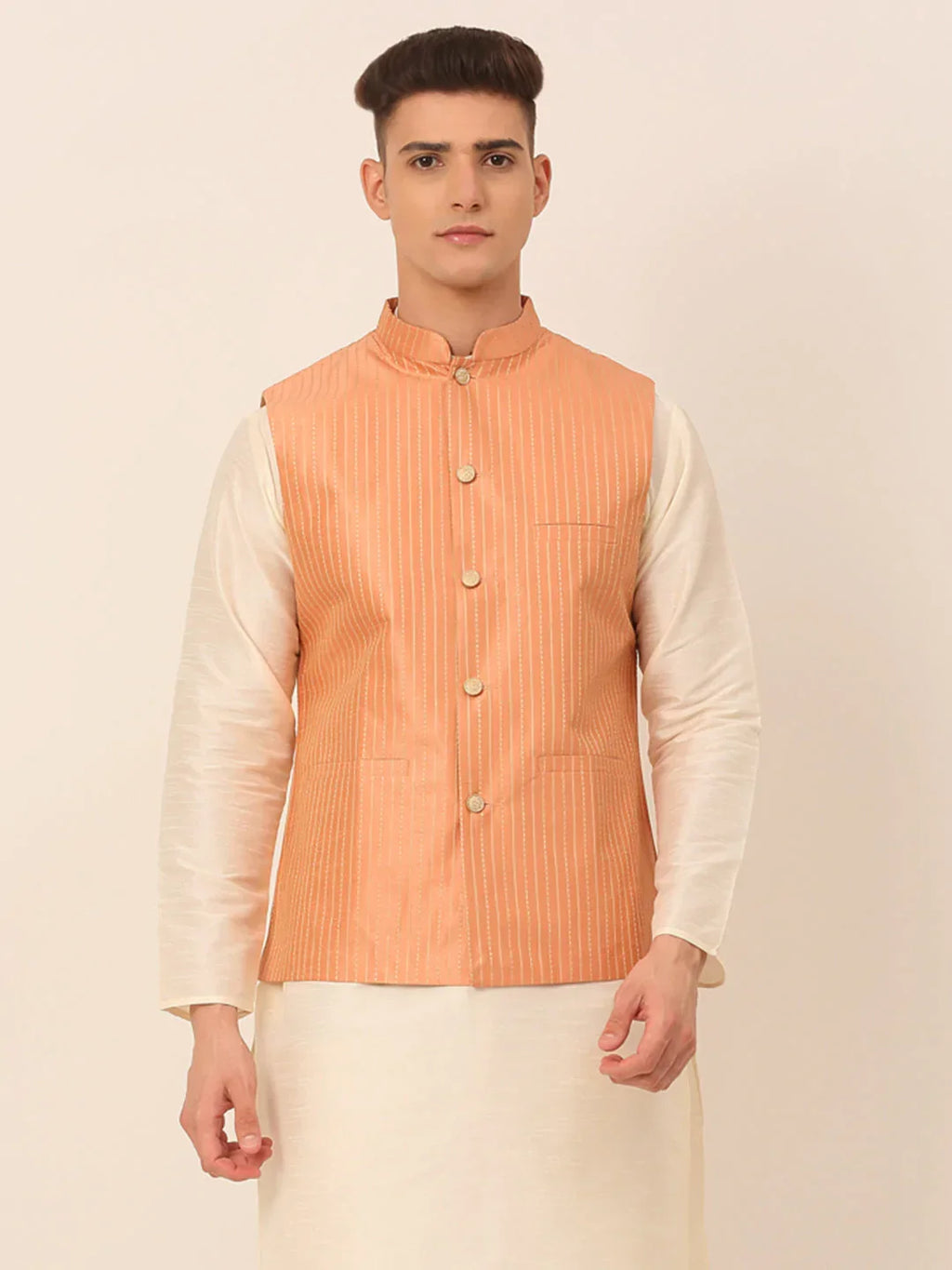 Jompers Men's Peach & Golden Embroidered Nehru Jackets | Grocsy