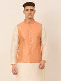 Jompers Men's Peach & Golden Embroidered Nehru Jackets | Grocsy