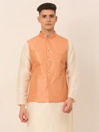 Jompers Men's Peach & Golden Embroidered Nehru Jackets | Grocsy