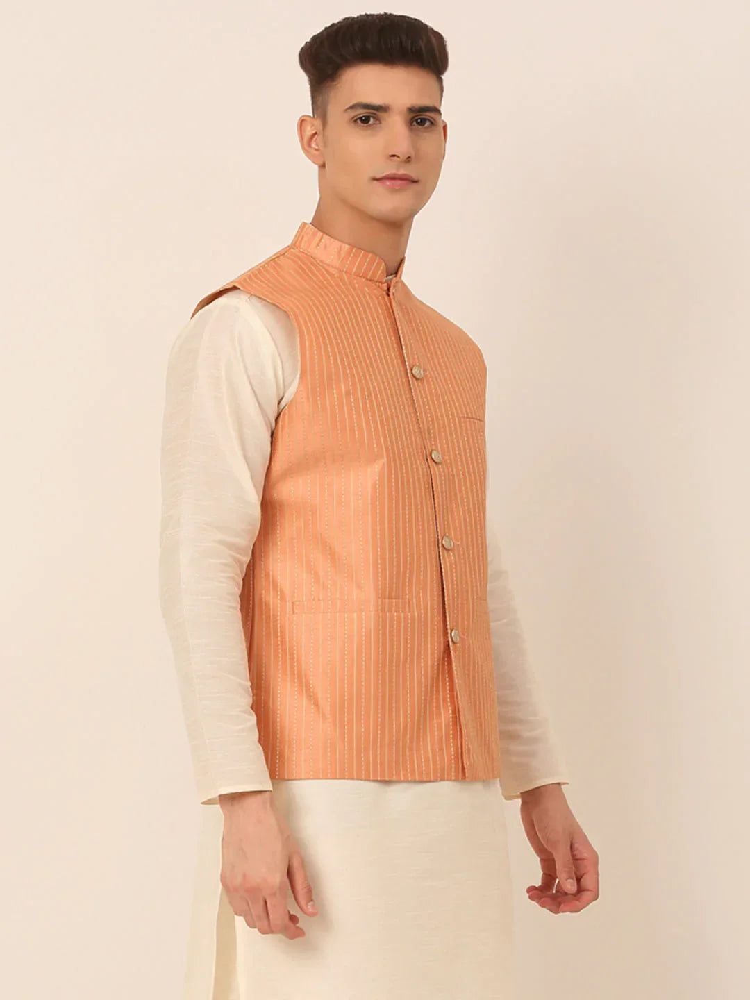 Jompers Men's Peach & Golden Embroidered Nehru Jackets | Grocsy