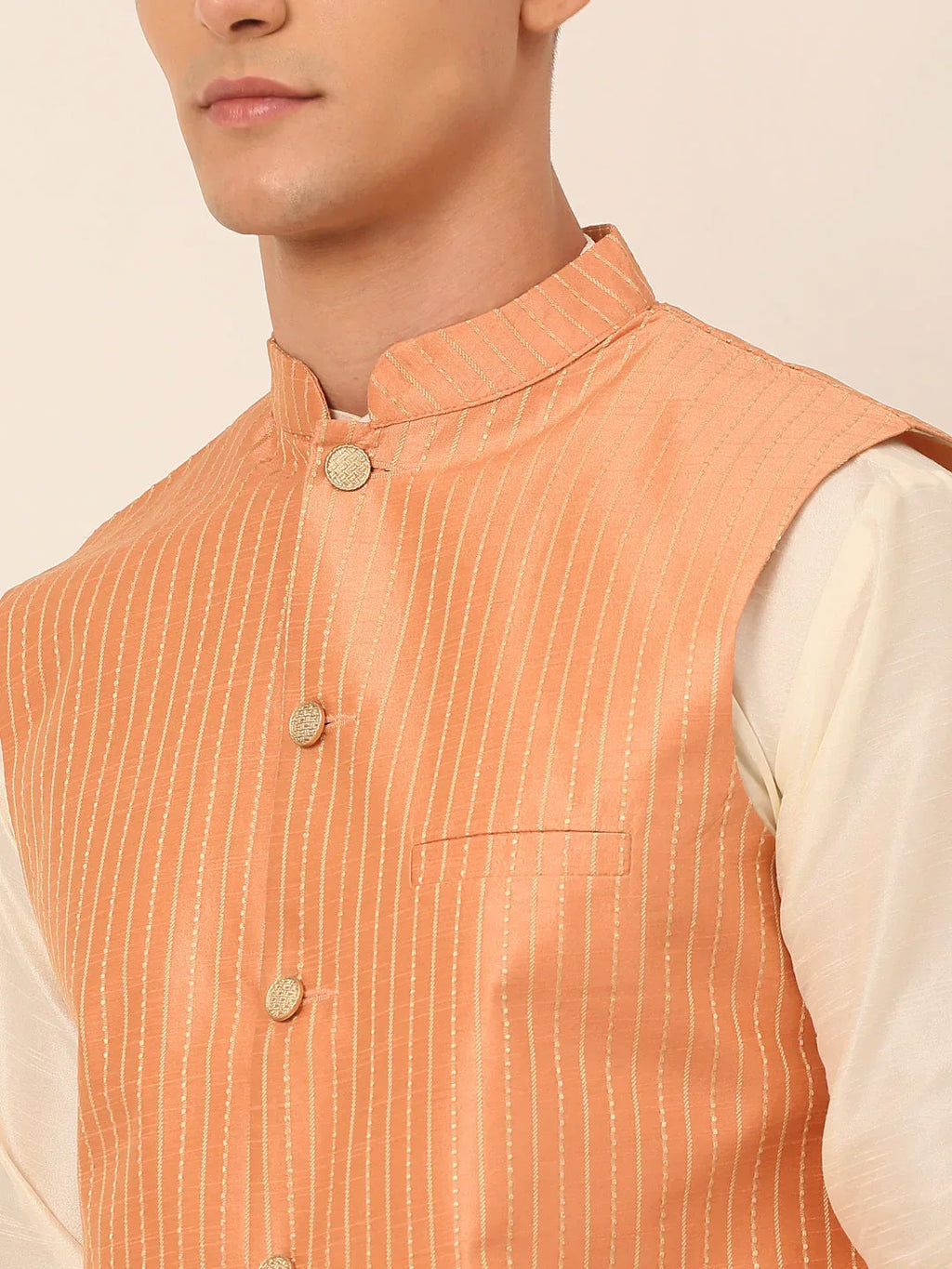 Jompers Men's Peach & Golden Embroidered Nehru Jackets | Grocsy