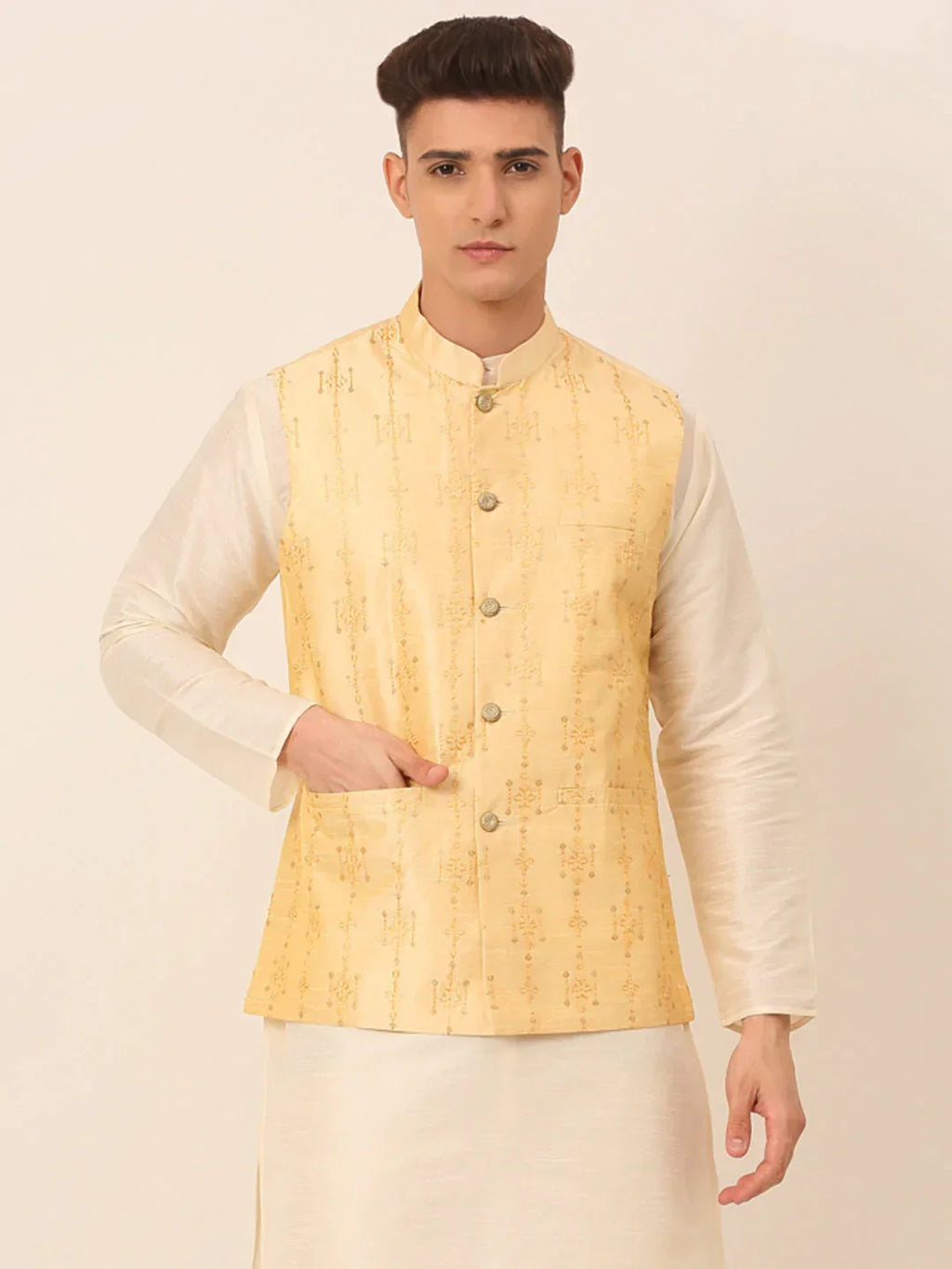 Jompers Men's Golden Embroidered Woven Nehru Jackets | Grocsy