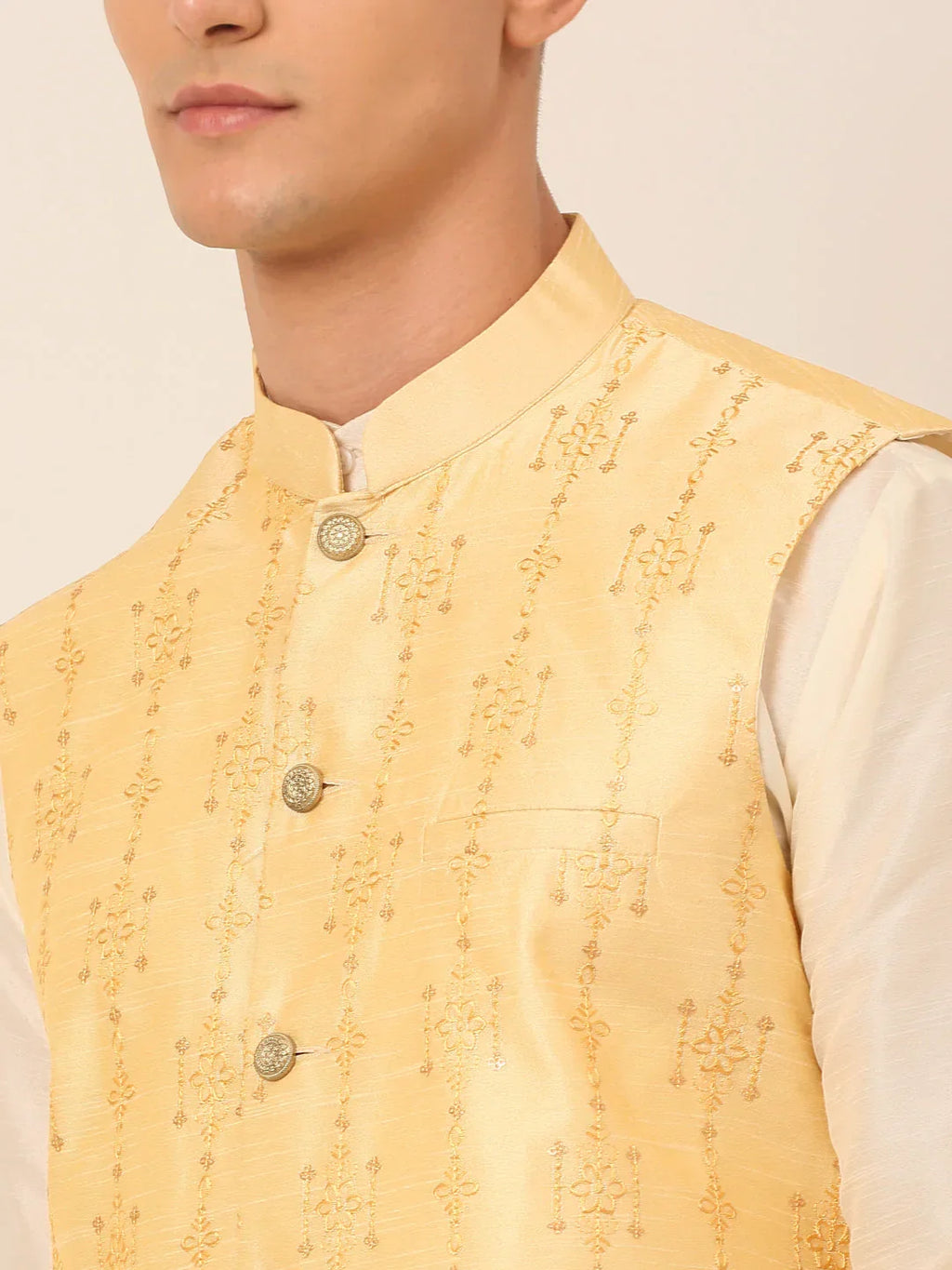 Jompers Men's Golden Embroidered Woven Nehru Jackets | Grocsy