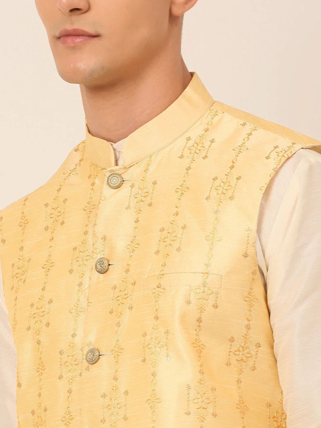 Jompers Men's Golden Embroidered Woven Nehru Jackets | Grocsy