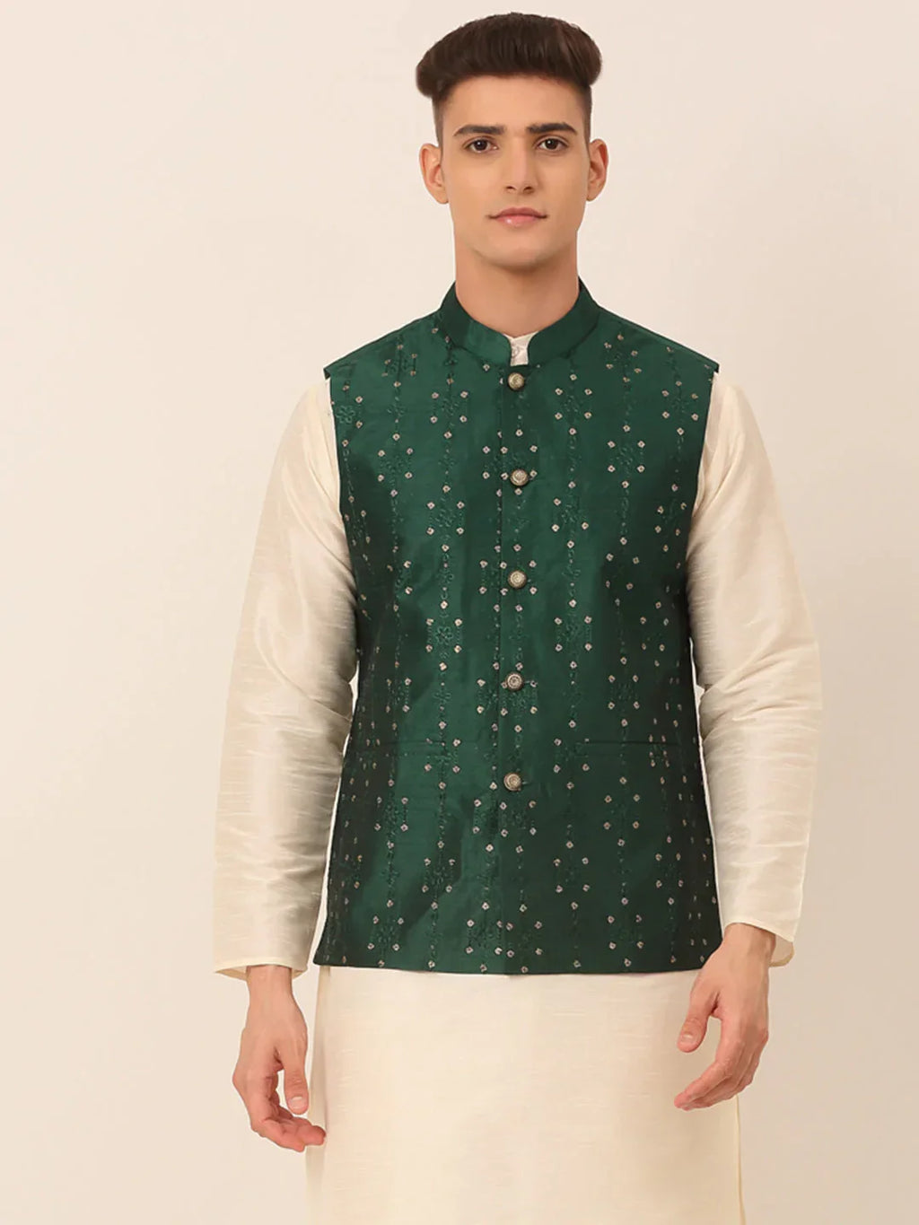Jompers Men's Green Embroidered Woven Nehru Jackets | Grocsy