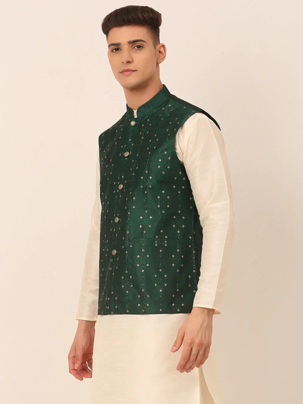 Jompers Men's Green Embroidered Woven Nehru Jackets | Grocsy