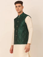 Jompers Men's Green Embroidered Woven Nehru Jackets | Grocsy