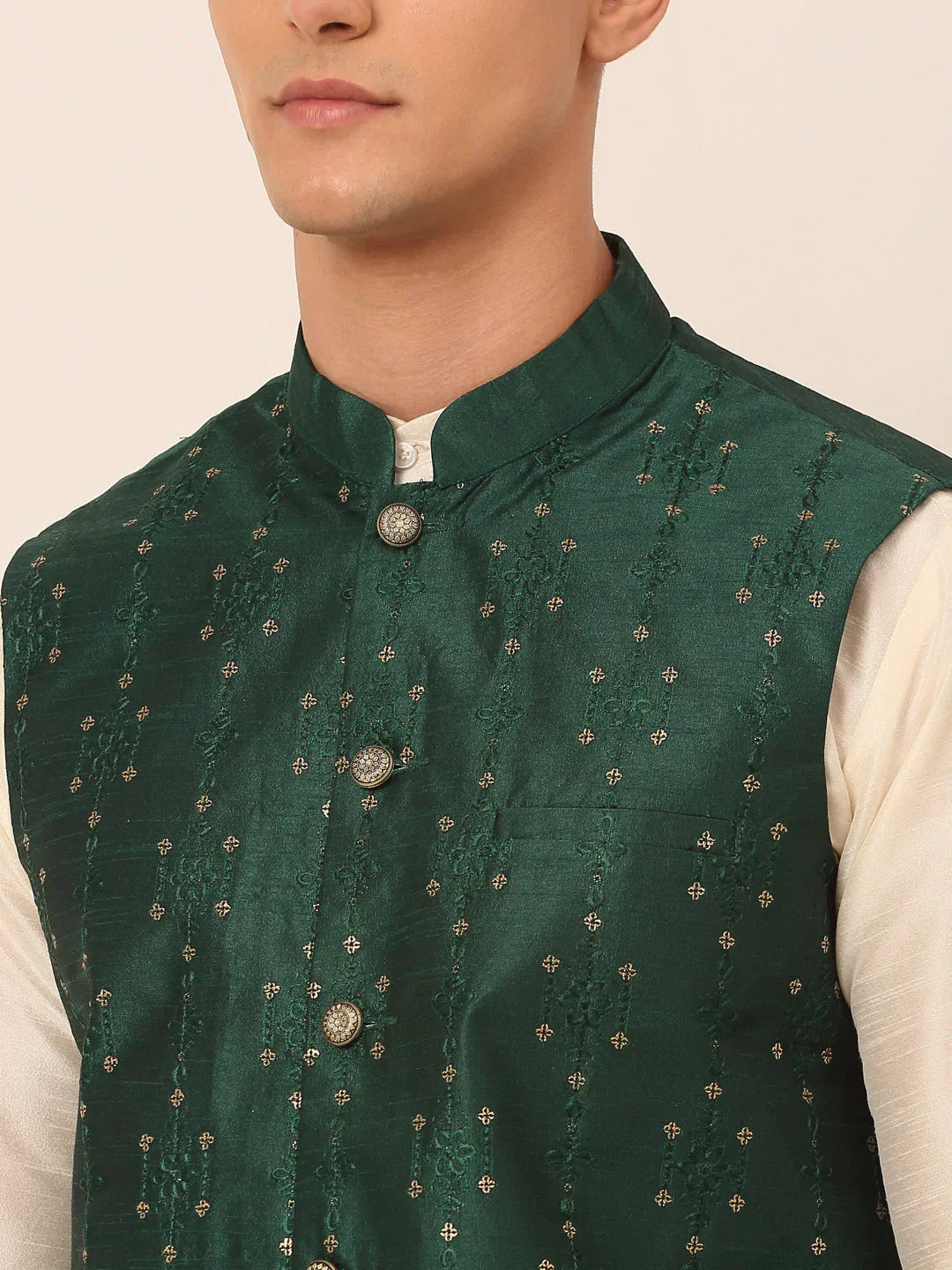 Jompers Men's Green Embroidered Woven Nehru Jackets | Grocsy