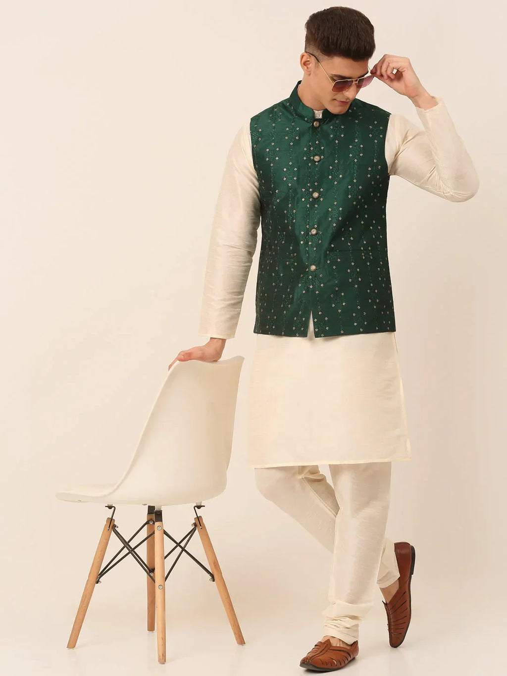 Jompers Men's Green Embroidered Woven Nehru Jackets | Grocsy
