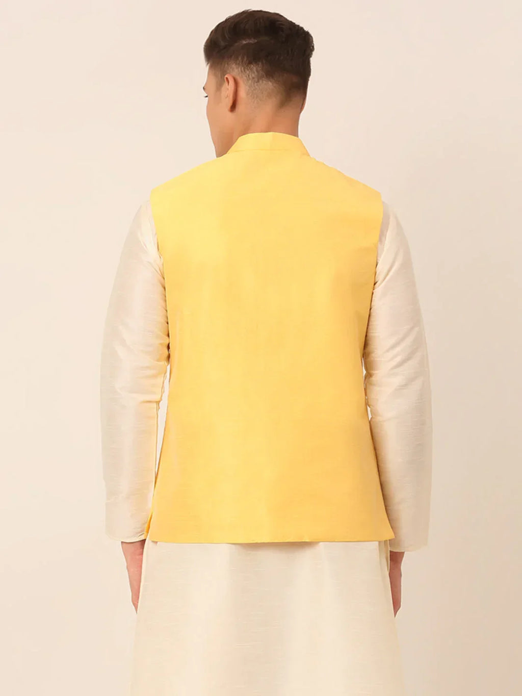 Jompers Men's Yellow Embroidered Woven Nehru Jackets | Grocsy