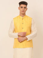 Jompers Men's Yellow Embroidered Woven Nehru Jackets | Grocsy