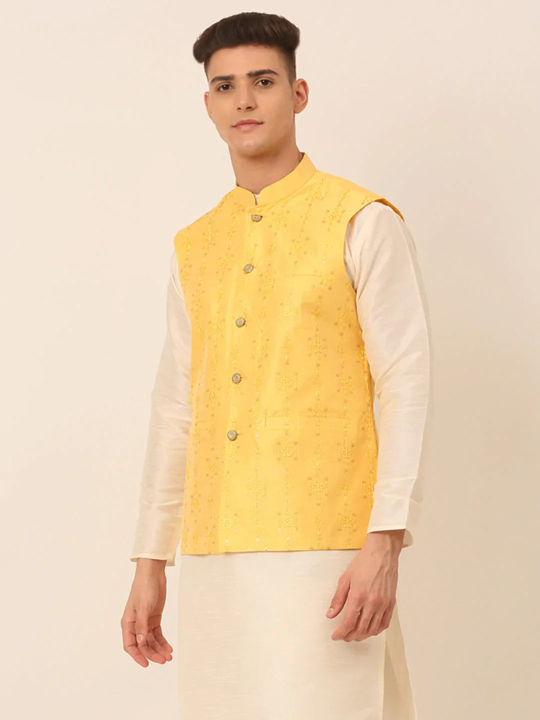 Jompers Men's Yellow Embroidered Woven Nehru Jackets | Grocsy