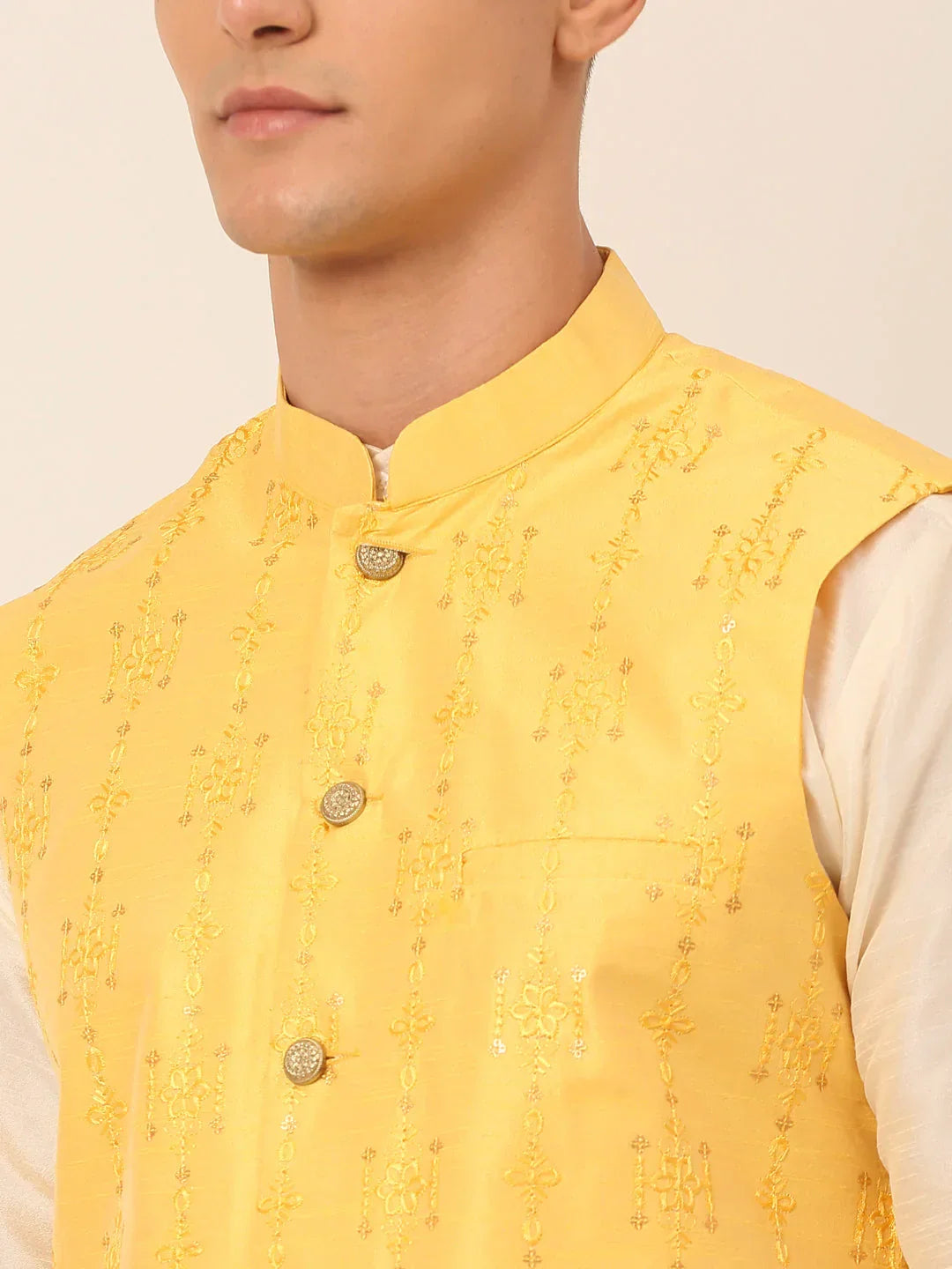 Jompers Men's Yellow Embroidered Woven Nehru Jackets | Grocsy