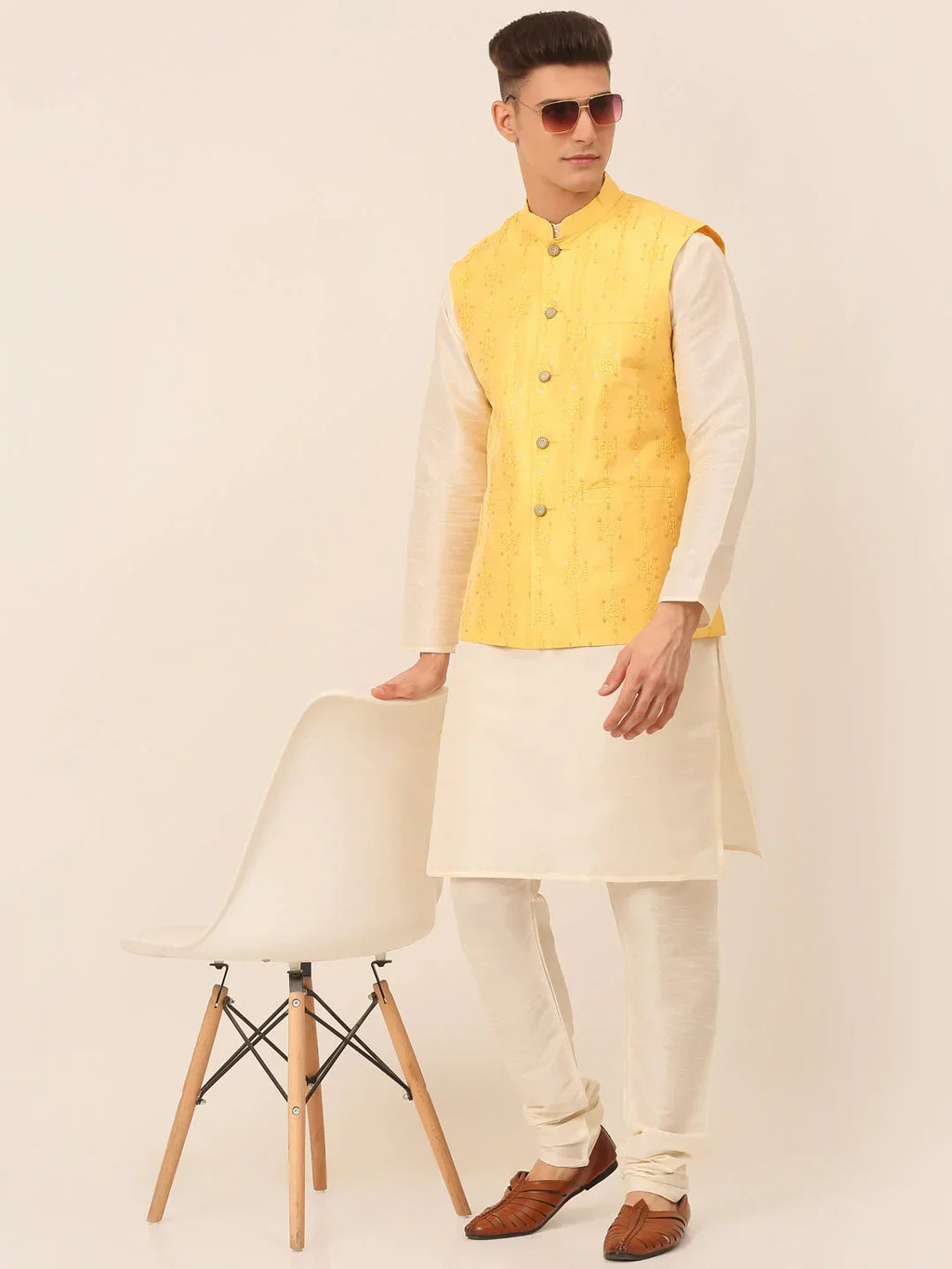 Jompers Men's Yellow Embroidered Woven Nehru Jackets | Grocsy