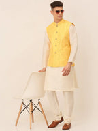 Jompers Men's Yellow Embroidered Woven Nehru Jackets | Grocsy