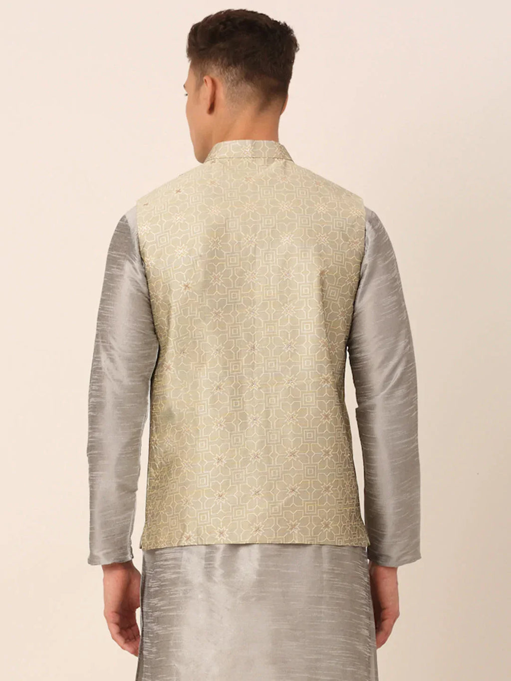 Jompers Men's Beige & Golden Woven Design Nehru Jackets-JOWC_4045Beige | Grocsy
