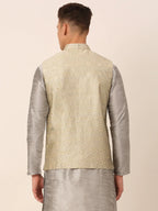 Jompers Men's Beige & Golden Woven Design Nehru Jackets-JOWC_4045Beige | Grocsy