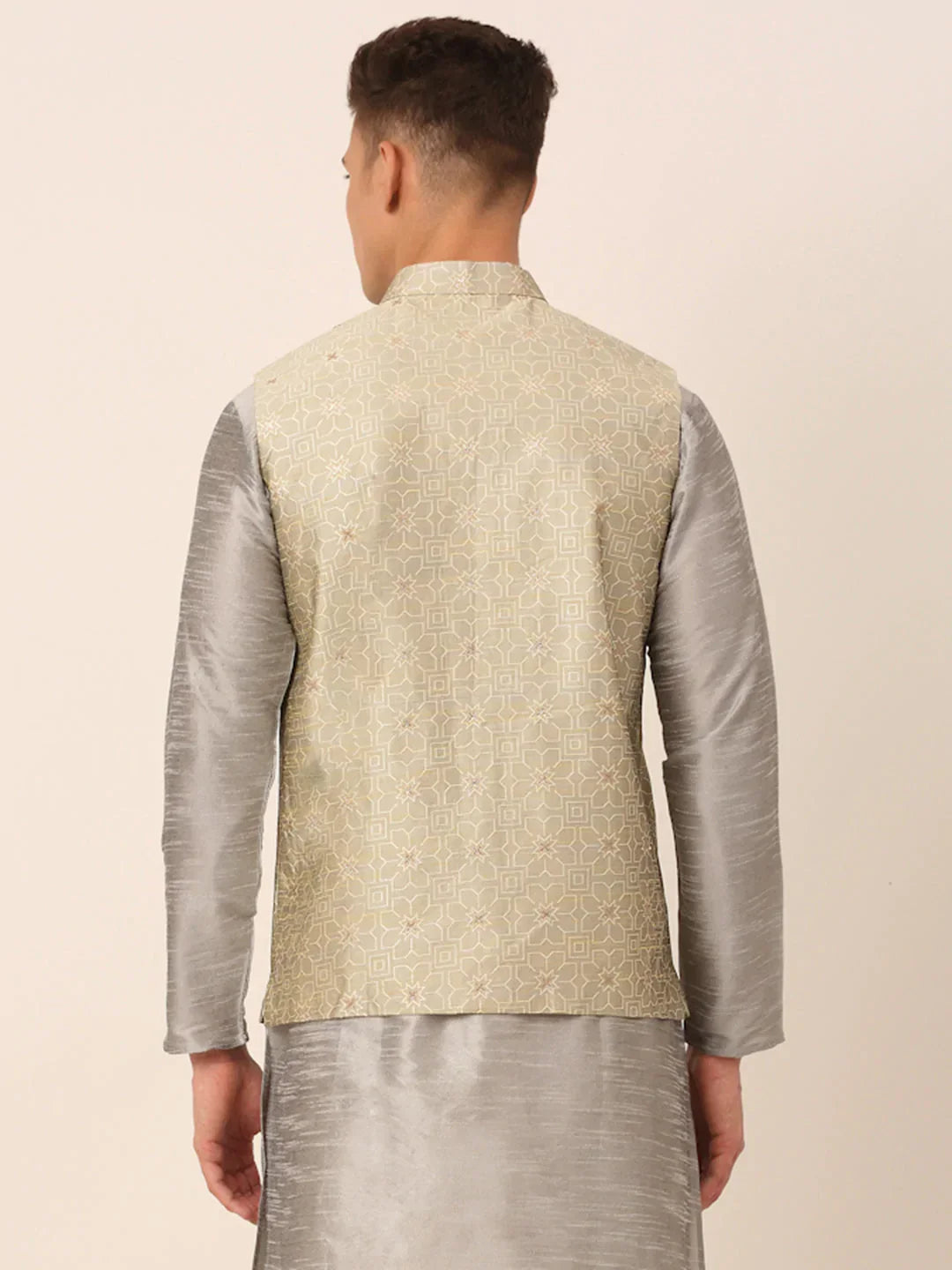 Jompers Men's Beige & Golden Woven Design Nehru Jackets-JOWC_4045Beige | Grocsy