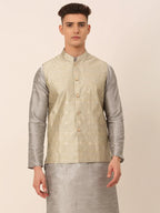 Jompers Men's Beige & Golden Woven Design Nehru Jackets-JOWC_4045Beige | Grocsy