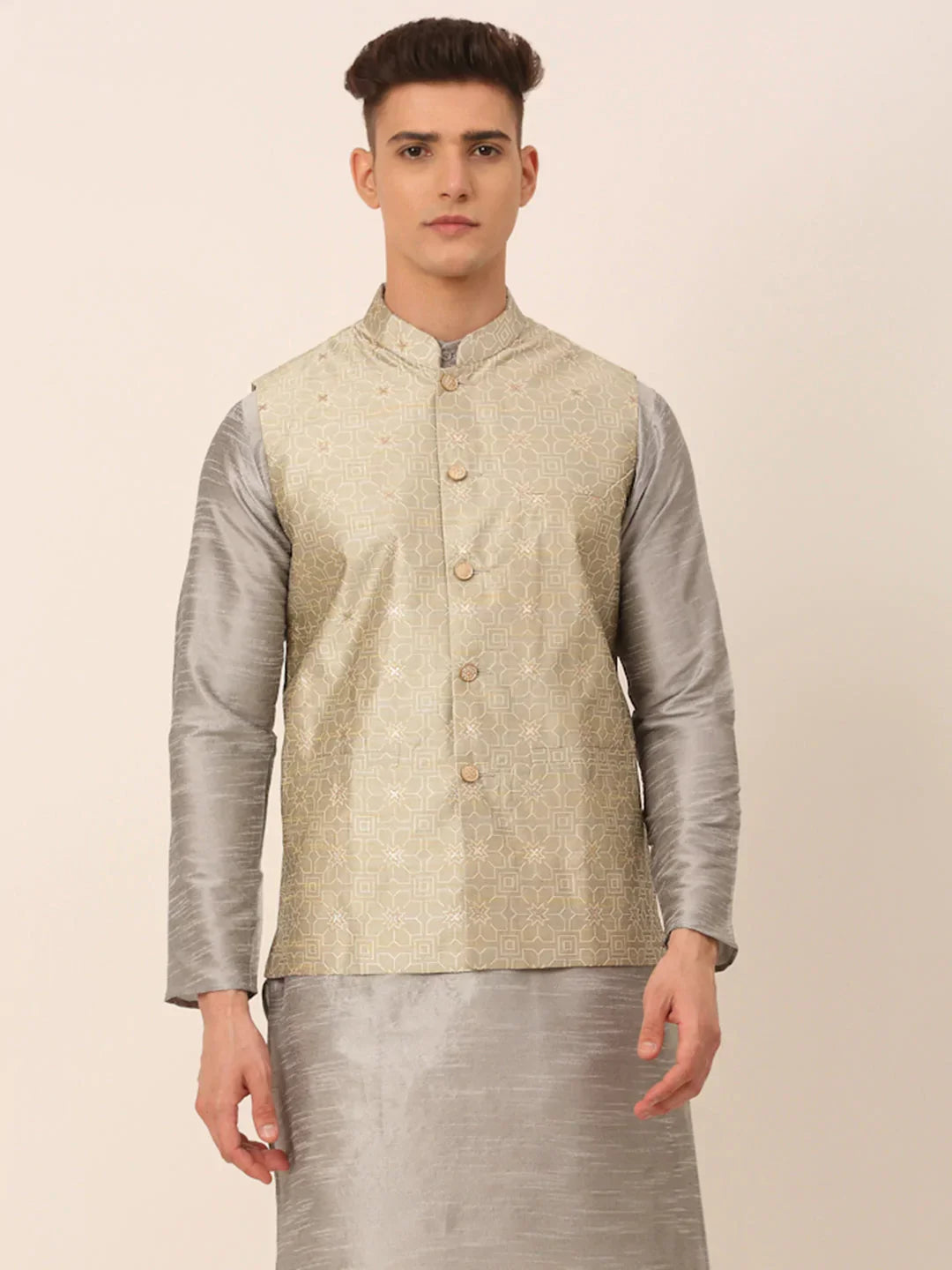 Jompers Men's Beige & Golden Woven Design Nehru Jackets-JOWC_4045Beige | Grocsy