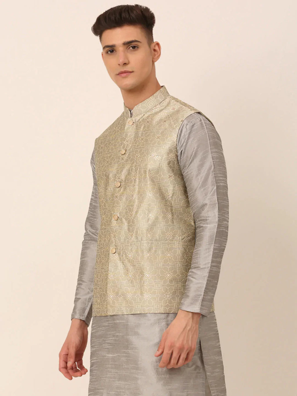 Jompers Men's Beige & Golden Woven Design Nehru Jackets-JOWC_4045Beige | Grocsy