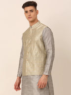Jompers Men's Beige & Golden Woven Design Nehru Jackets-JOWC_4045Beige | Grocsy
