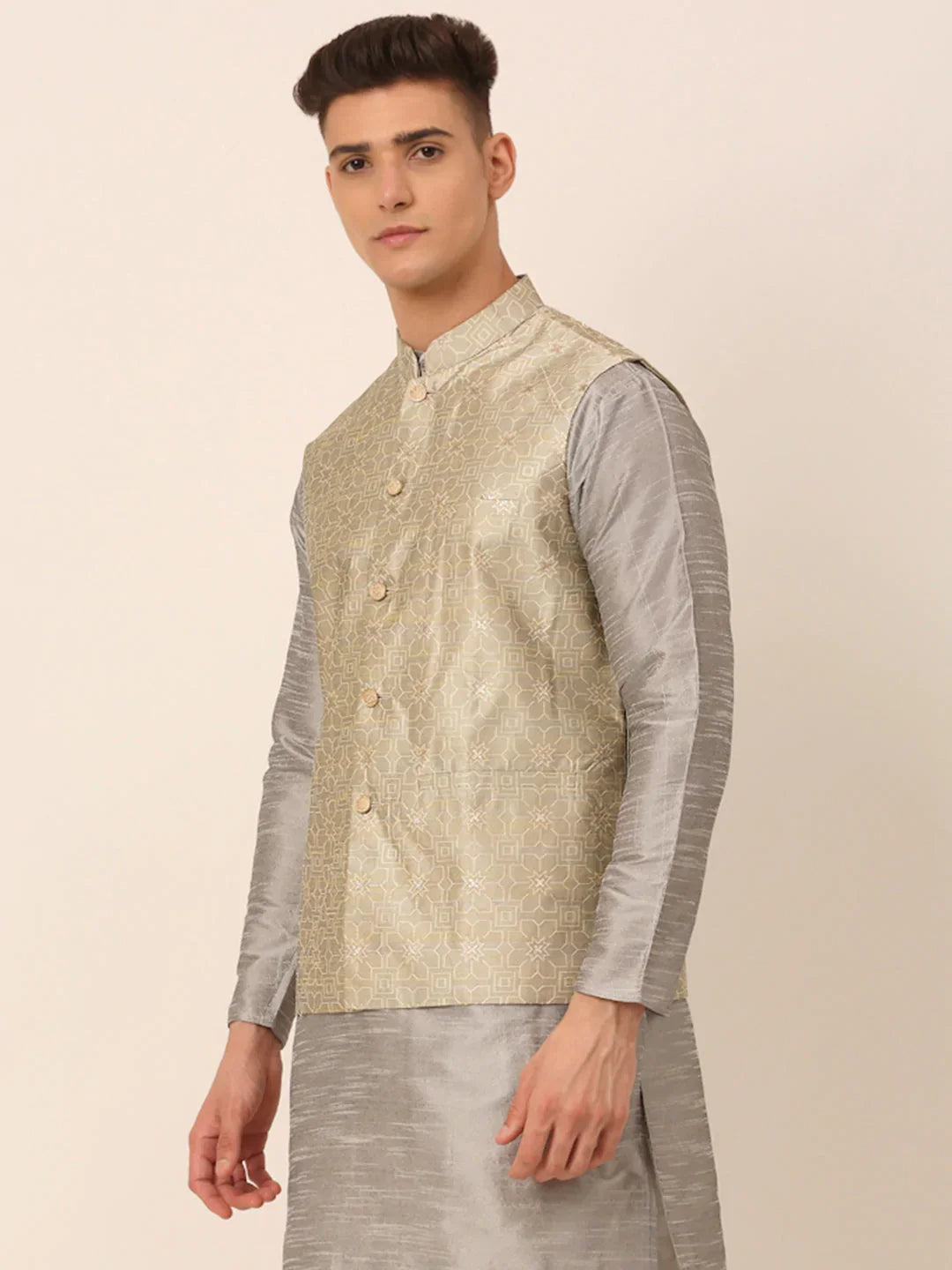 Jompers Men's Beige & Golden Woven Design Nehru Jackets-JOWC_4045Beige | Grocsy
