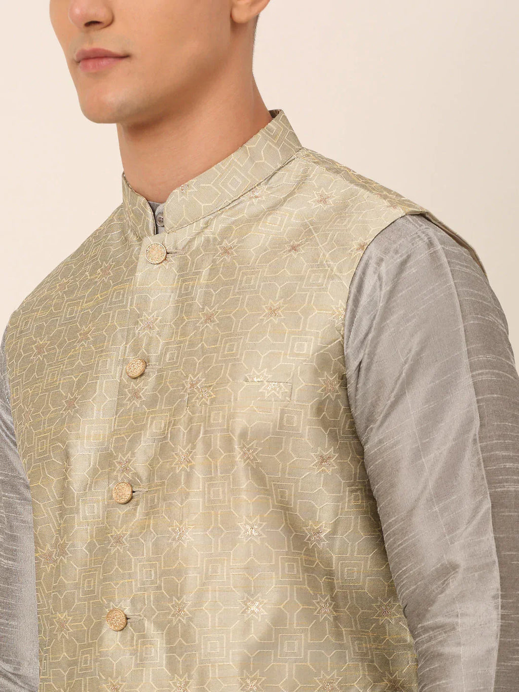 Jompers Men's Beige & Golden Woven Design Nehru Jackets-JOWC_4045Beige | Grocsy