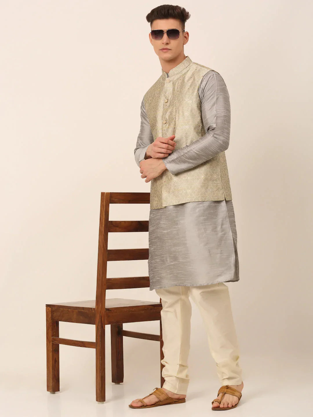 Jompers Men's Beige & Golden Woven Design Nehru Jackets-JOWC_4045Beige | Grocsy