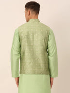 Jompers Men's Beige & Golden Woven Design Nehru Jackets-JOWC_4045Pista | Grocsy