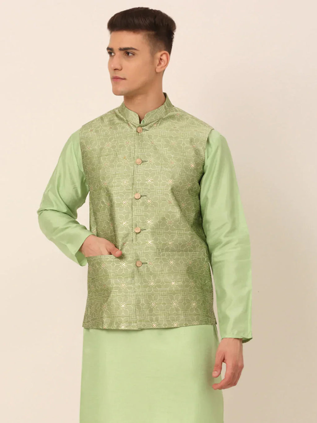 Jompers Men's Beige & Golden Woven Design Nehru Jackets-JOWC_4045Pista | Grocsy
