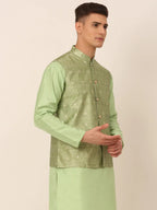 Jompers Men's Beige & Golden Woven Design Nehru Jackets-JOWC_4045Pista | Grocsy
