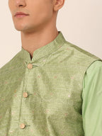Jompers Men's Beige & Golden Woven Design Nehru Jackets-JOWC_4045Pista | Grocsy
