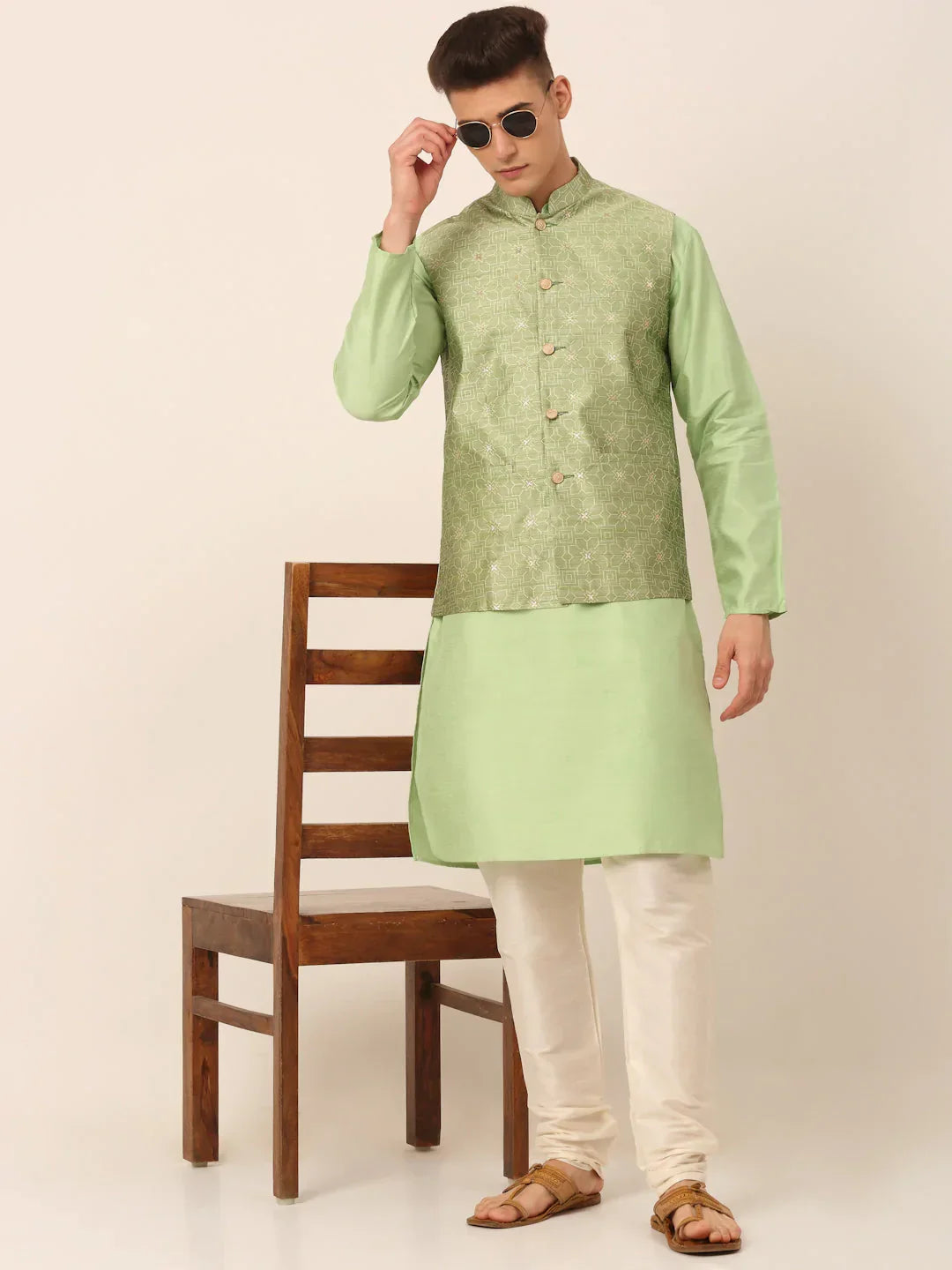 Jompers Men's Beige & Golden Woven Design Nehru Jackets-JOWC_4045Pista | Grocsy