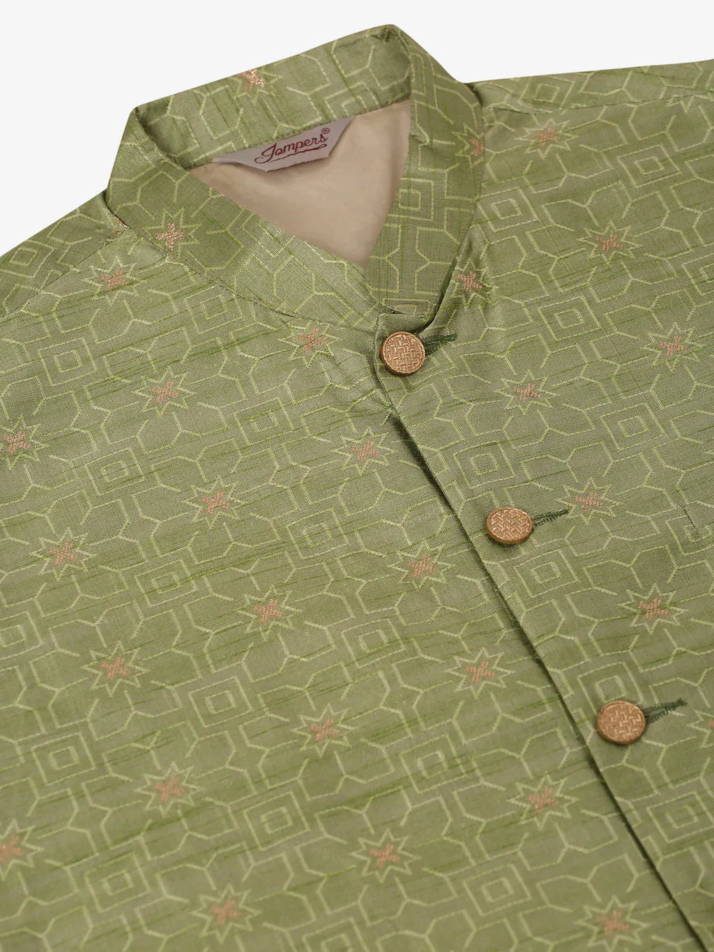 Jompers Men's Beige & Golden Woven Design Nehru Jackets-JOWC_4045Pista | Grocsy