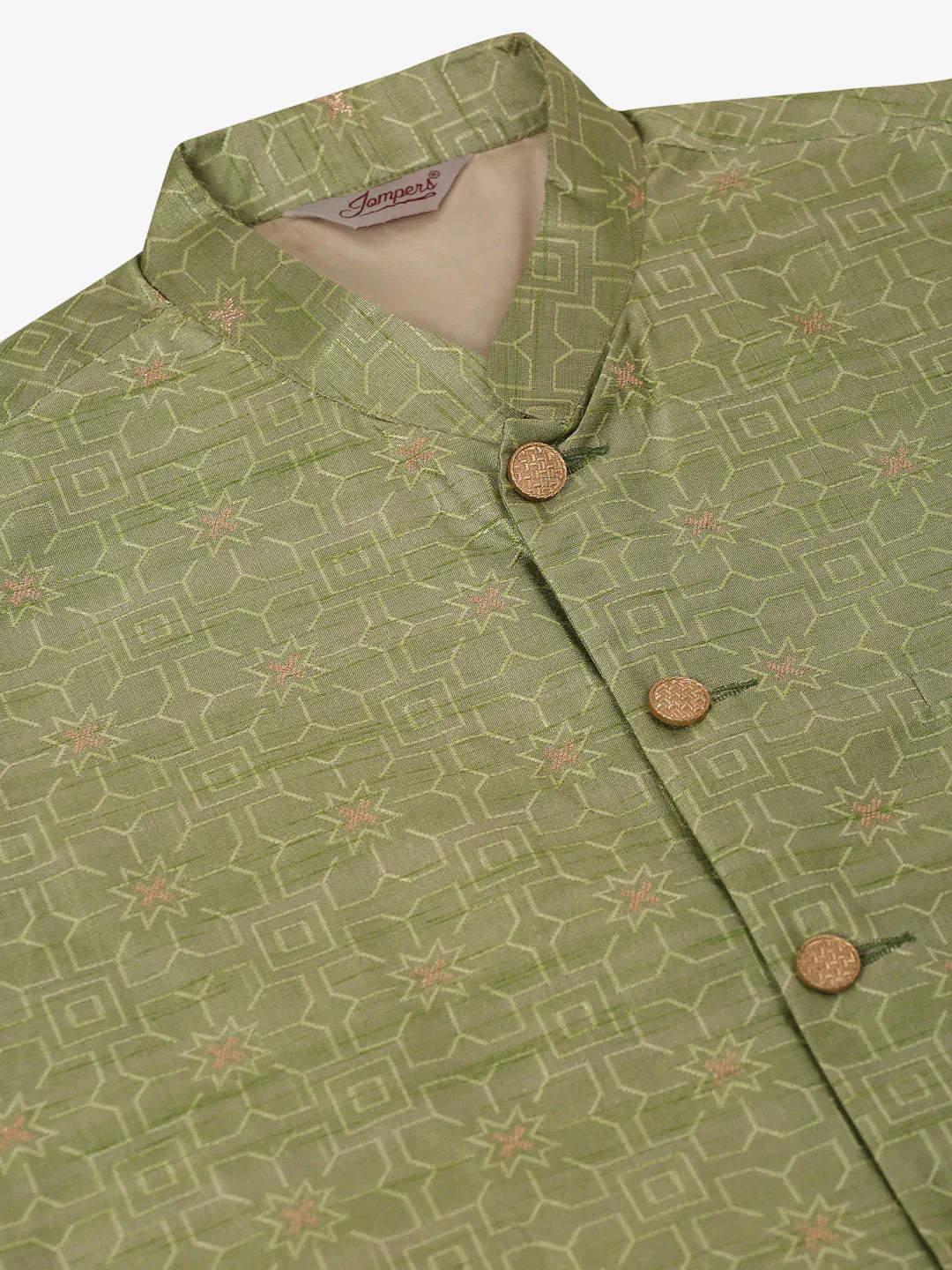 Jompers Men's Beige & Golden Woven Design Nehru Jackets-JOWC_4045Pista | Grocsy