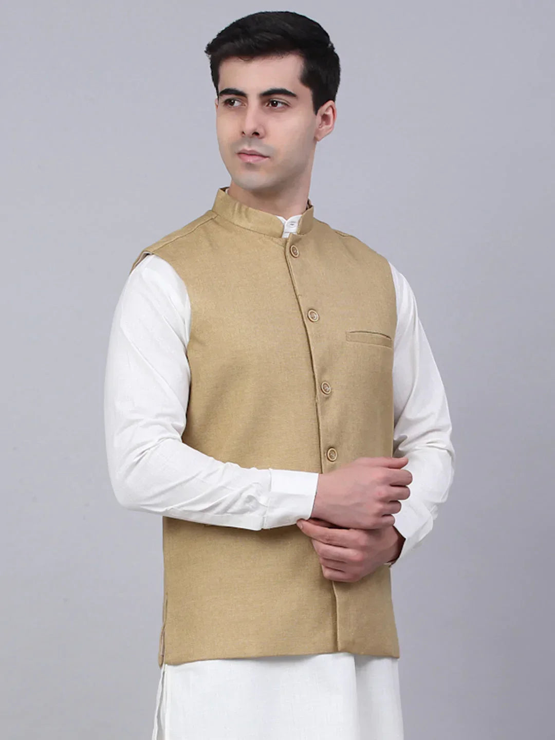 Jompers Men's Beige Solid Woven Sleeveless Nehru Jackets | Grocsy