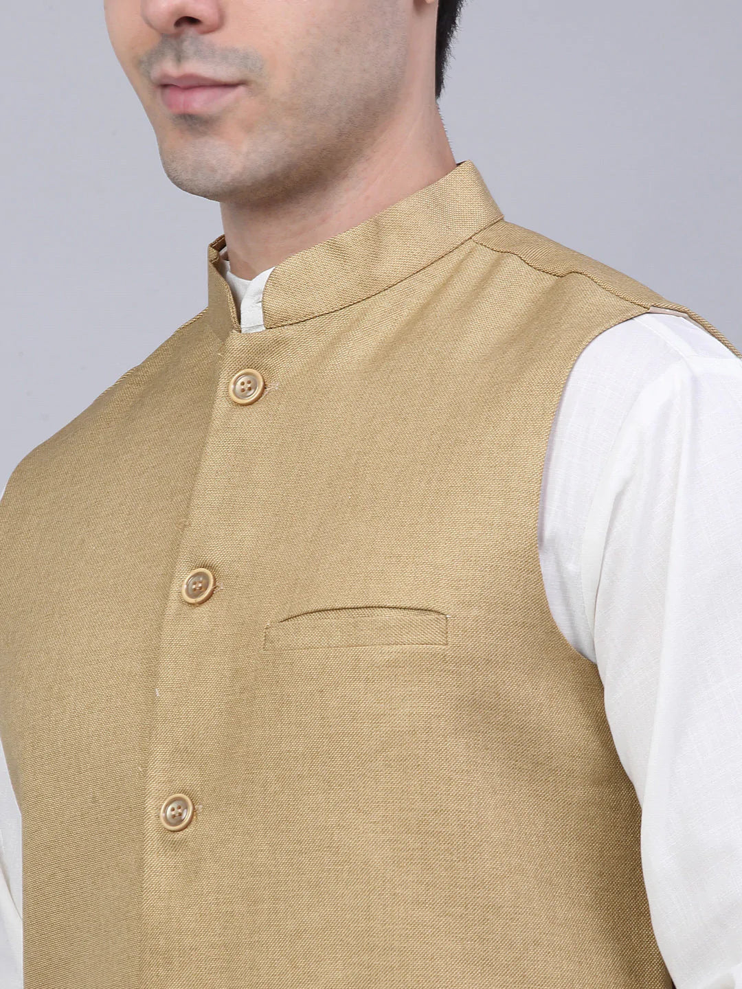 Jompers Men's Beige Solid Woven Sleeveless Nehru Jackets | Grocsy