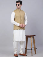 Jompers Men's Beige Solid Woven Sleeveless Nehru Jackets | Grocsy