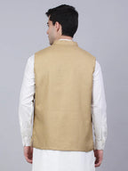Jompers Men's Beige Solid Woven Sleeveless Nehru Jackets | Grocsy
