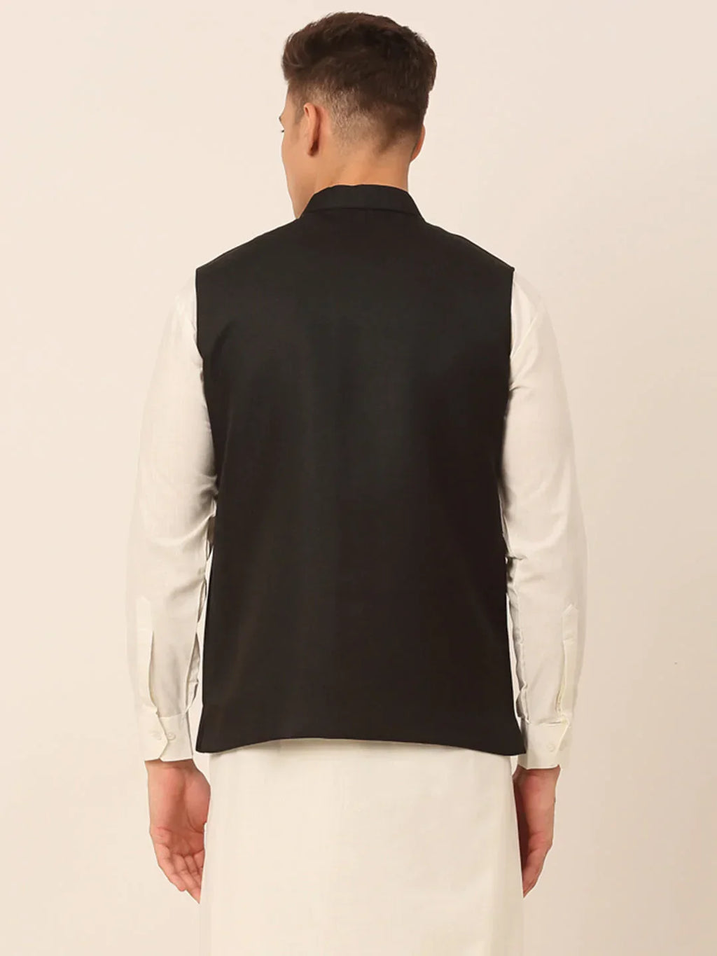Jompers Men's Black Solid Woven Sleeveless Nehru Jackets | Grocsy