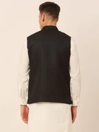 Jompers Men's Black Solid Woven Sleeveless Nehru Jackets | Grocsy
