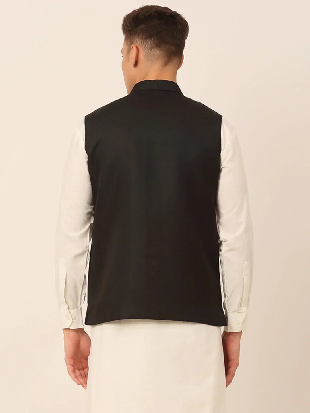 Jompers Men's Black Solid Woven Sleeveless Nehru Jackets | Grocsy