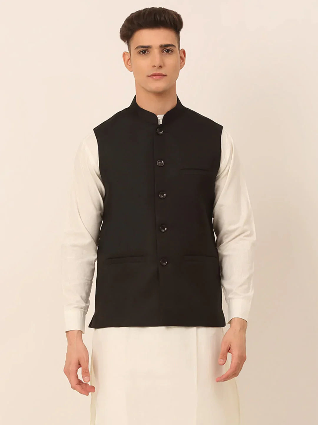 Jompers Men's Black Solid Woven Sleeveless Nehru Jackets | Grocsy
