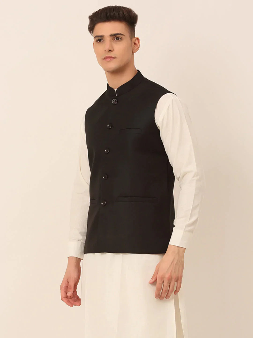 Jompers Men's Black Solid Woven Sleeveless Nehru Jackets | Grocsy