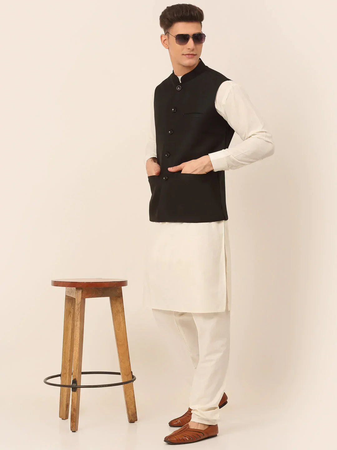 Jompers Men's Black Solid Woven Sleeveless Nehru Jackets | Grocsy