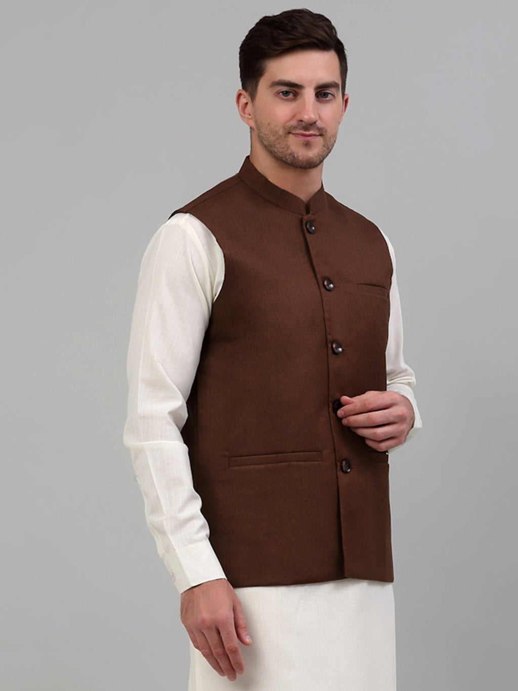 Jompers Men's Brown Solid Nehru Jacket | Grocsy
