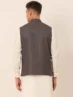 Jompers Men's Charcoal Grey Solid Woven Sleeveless Nehru Jackets | Grocsy