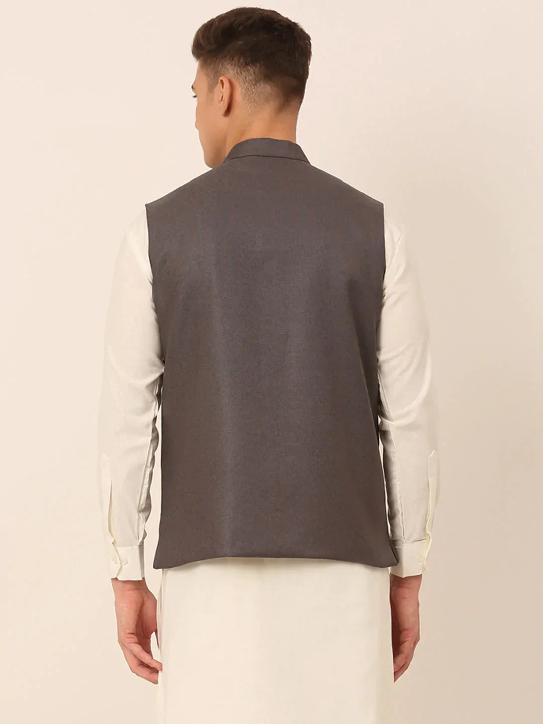 Jompers Men's Charcoal Grey Solid Woven Sleeveless Nehru Jackets | Grocsy